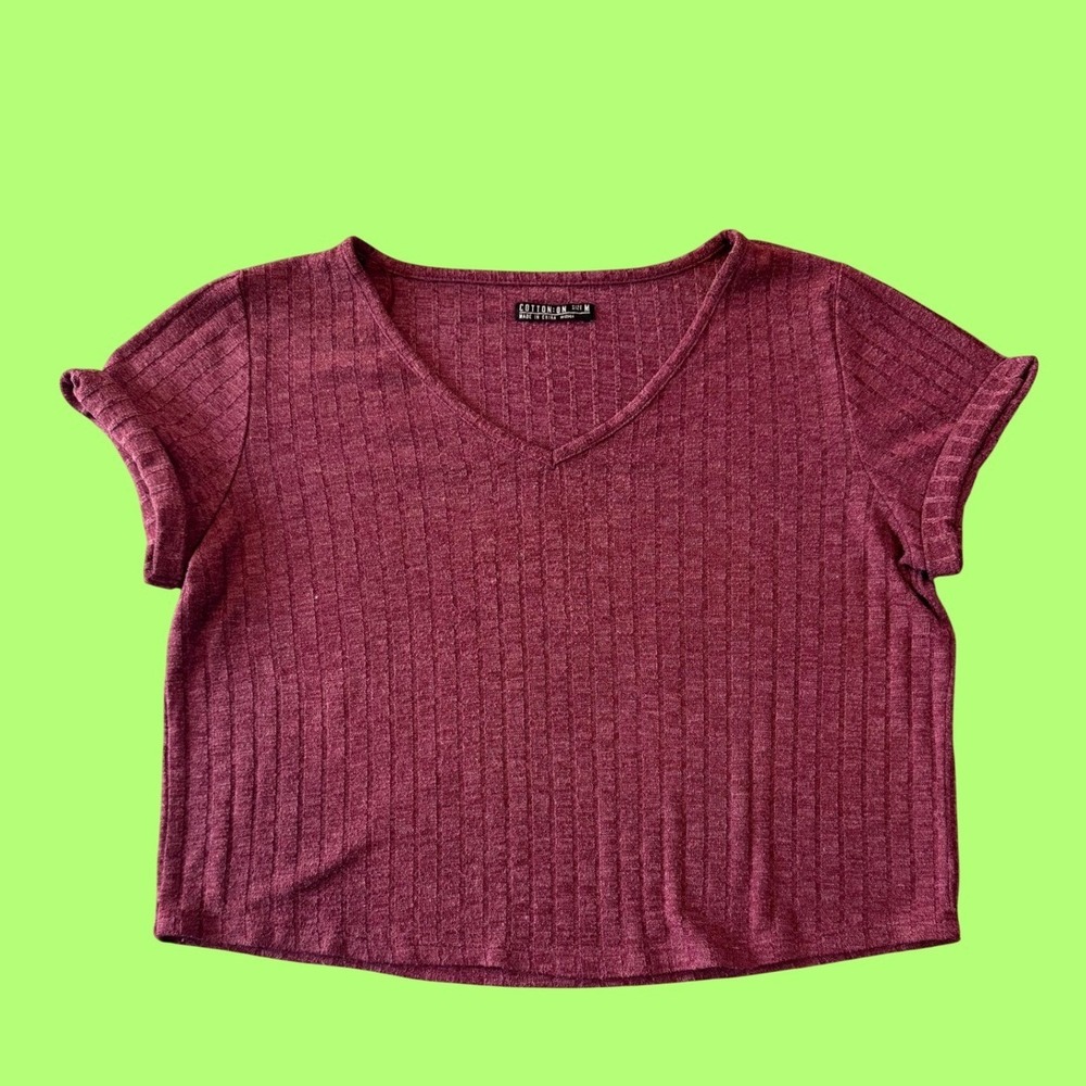 Cotton On Ribbed V-Neck Crop Top M Burgundy Cuffed Short Sleeve